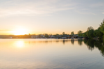 Fototapeta premium Panoramic view on Ukiel lake at sunset time.