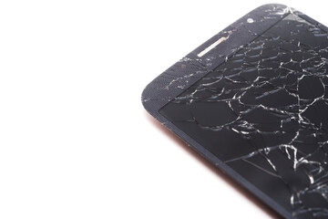 Mobile smartphone with broken glass lcd touch screen on white background.