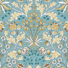 Vintage flowers and foliage seamless pattern on light blue background. Color vector illustration. - 359730600