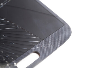 Mobile smartphone with broken glass lcd touch screen on white background.