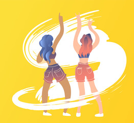 Young girls with long hair in shorts are standing on a white background. The concept of the music festival. People in motion are listening to music.