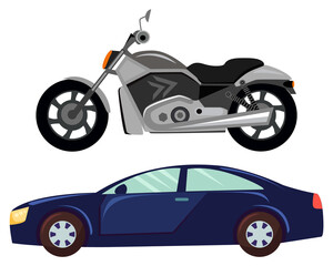 Naklejka premium Sport car vector isolated transportation. Vehicle transport of cool modern type and shape. Motorbike and bike with seat, lorry. Buy new car and moto bike. Flat cartoon