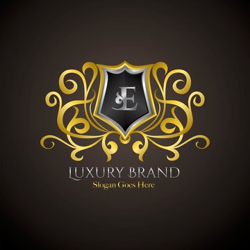 Luxury Shield Logo Letter E Golden Color Vector Design Concept Crown Royal Brand