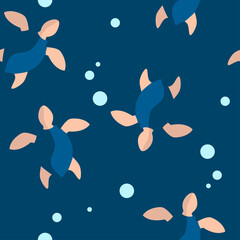 baby seamless pattern with tropical blue turtles and bubbles on a dark blue background. cartoon flat design. Marine theme