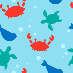baby seamless pattern with silhouettes of red crabs, fish, turtles and bubbles on a light blue background