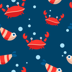 Fototapeta na wymiar baby seamless pattern with red crabs, striped fish and bubbles on a dark blue background. cartoon flat design. Marine theme
