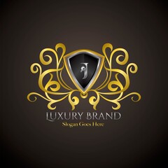 Luxury Shield Logo Letter J Golden Color Vector Design Concept Crown Royal Brand