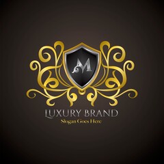Luxury Shield Logo Letter M Golden Color Vector Design Concept Crown Royal Brand