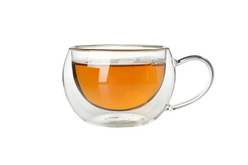 Glass cup of chamomile tea isolated on white background