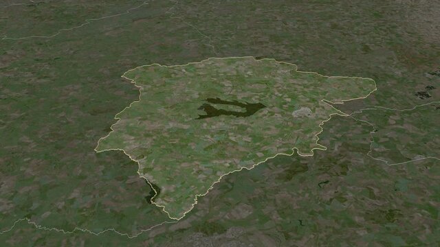Rutland, unitary authority with its capital, zoomed and extruded on the satellite map of England in the conformal Stereographic projection. Animation 3D