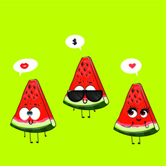Funny watermelons character design with bubble speech. Fruits with different emotions combined into one comic story. 