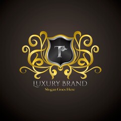 Luxury Shield Logo Letter T Golden Color Vector Design Concept Crown Royal Brand