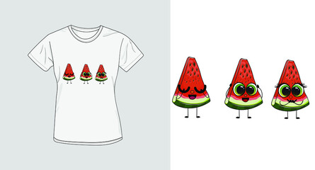 Print for t shirt design with three wise watermelon. Funny illustration of fruits character with big eyes for print