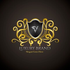 Luxury Shield Logo Letter V Golden Color Vector Design Concept Crown Royal Brand