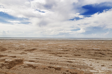 Lake Ebeyty, the largest salt lake in Omsk region (Russia), contains therapeutic mud. Beautiful natural view of pond and blue sky. Trip on weekend.