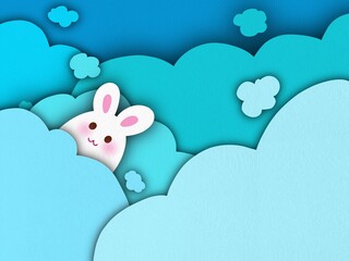 white little bunny in blue clouds layer paper like texture cartoon background