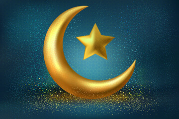 Obraz na płótnie Canvas Ramadan Kareem with golden luxurious crescen and golden star, template islamic ornate greeting card. vector illustration.
