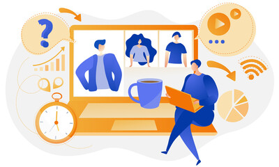 Freelancer sitting on a large laptop. Online video meeting with coworkers. Abstract hom ework flat design concept.