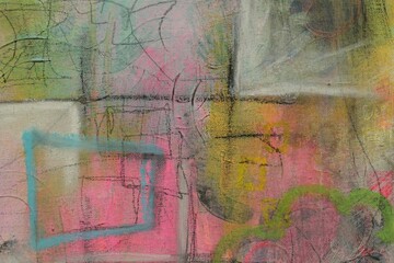 Pastel colors and line marks give this abstract acrylic painting a vintage look for backgrounds.