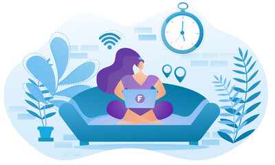 Freelancer female sitting on the sofa and typing. Online work from home in the living room. Computer management. Vector design.