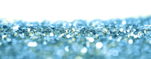 Defocus Abstract light blur blink sparkle horizontal backgound. Blue glitter shine dots confetti.
