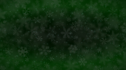 Christmas background of snowflakes of different shapes, sizes, blur and transparency in dark green colors