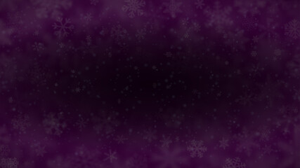 Christmas background of snowflakes of different shapes, sizes, blur and transparency in dark purple colors