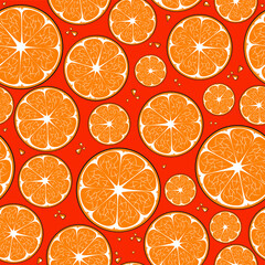 Seamless vector pattern of orange slices on a red background. - 359735041