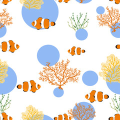 Seamless pattern with clown fishes, seaweeds and corals. Vector hand drawn illustration of underwater sea life with tropical exotic aquacultures. Print and textile design.