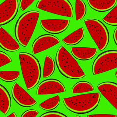 Seamless vector pattern of slices of watermelon on a green background. - 359735277