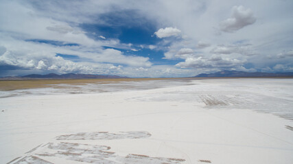 Aerial view of the salt flat, Salinas Grandes, in Jujuy, Argentina. White salt desert and salt mine in the mountains. 