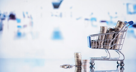 Background shopping trolley. Concept of shopping for groceries and things. Weekend shop.