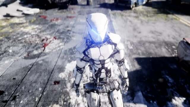 Military robot in destroyed city. Future apocalypse concept. Realistic 4k animation.