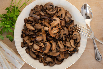 Close-up on a plate of cooked mushrooms