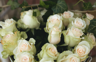 White roses decoration. Banner, wedding and anniversary concept. 