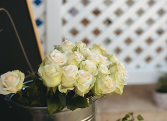 White roses decoration. Banner, wedding and anniversary concept. 