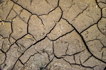 photo of gray cracked soil closeup planon, Drought land