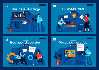 Business strategy flat landing pages set. Idea presentation with analytics, partnership and teamwork scenes for website or CMS web page. Business idea discussion, video conference vector illustration