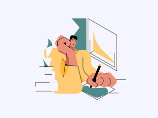 Graphic designer character drawing in his room. Vector.