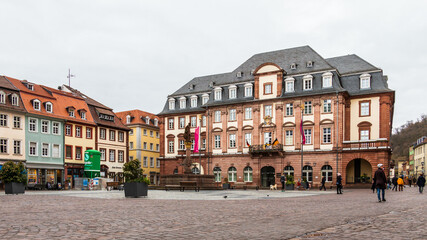 Fototapeta na wymiar Town Hall and Central Market Place of City Heidelberg, Baden-Wuerttemberg, Germany. Europe
