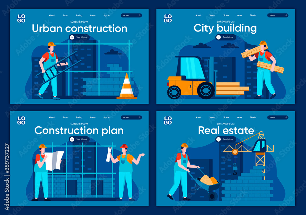 Poster city building flat landing pages set. professional engineering and building, people working on const