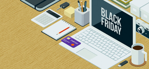 Laptop with black friday promotional sale advertisement,3D illustration