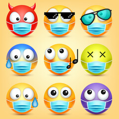 Emoticons, emoji vector collection. Cartoon yellow face with medical mask. Facial expressions and emotions.