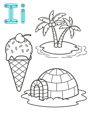 Printable coloring page for kindergarten and preschool. Card for study English. Vector coloring book alphabet. Letter I. Island, iglo, ice cream