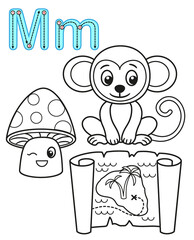 Printable coloring page for kindergarten and preschool. Card for study English. Vector coloring book alphabet. Letter M. Mushroom, map, monkey