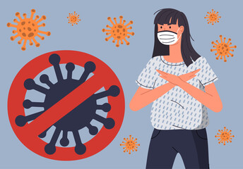Young woman with crossed hands at chest protesting against spreading flying virus. Huge crossed out sign with virus. Stop world epidemy concept. Cartoon character in flat style at blue background