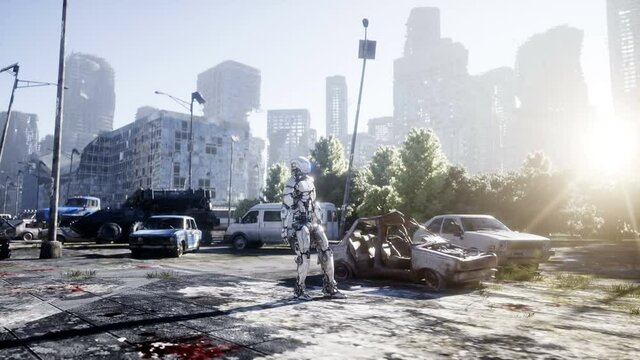 Military robot in destroyed city. Future apocalypse concept. Realistic 4k animation.