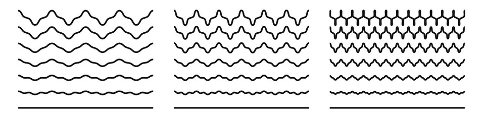Wave line and wavy zigzag pattern lines. Vector black underlines, smooth end squiggly horizontal curvy squiggles