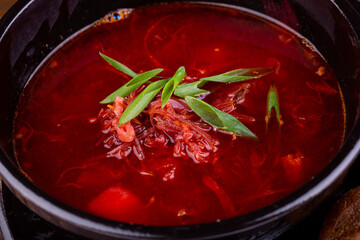 Borsch on beef broth, with potatoes, cabbage and fresh greens
