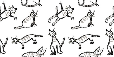 Funny grey tabby cat seamless pattern. Wax crayon like child`s hand drawn cute kitten clip art set. Pastel chalk or pencil kids line art stroke sitting, flying cats. Vector artistic doodle simple pets